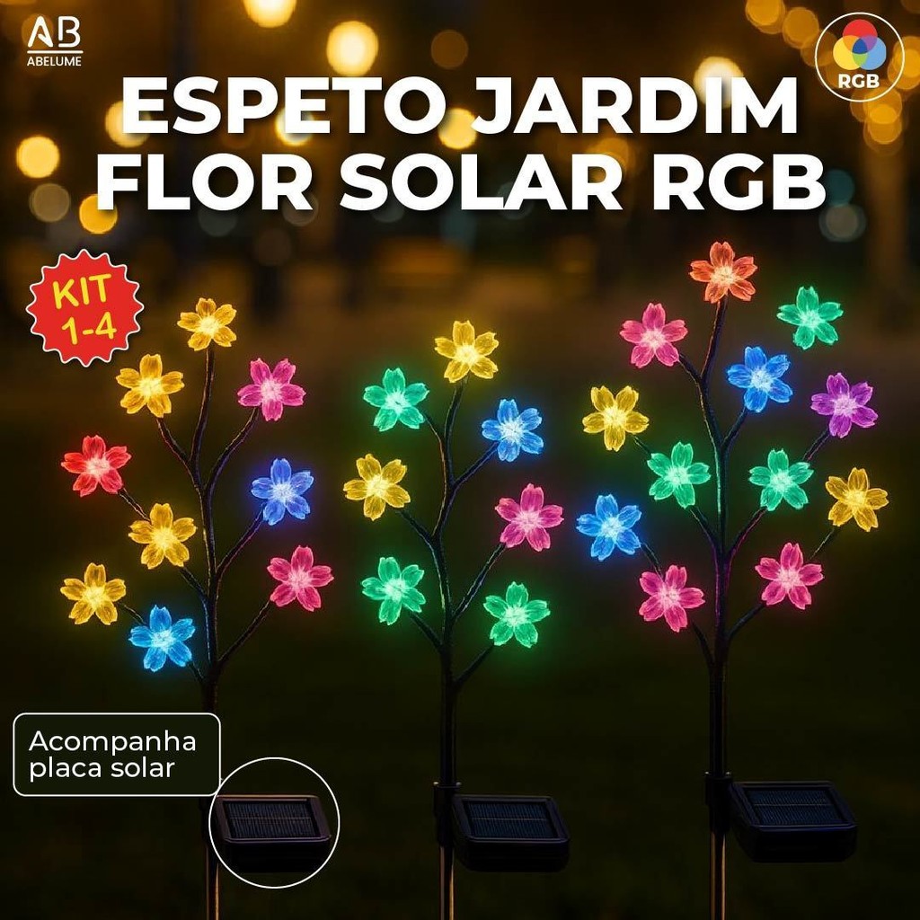 Espeto Jardim Solar Flor de Cerejeira RGB com Placa Solar Prova D’água ambiente externo Espeto Jardim Solar Flor de Cerejeira RGB com Placa Solar Prova D’água ambiente externo