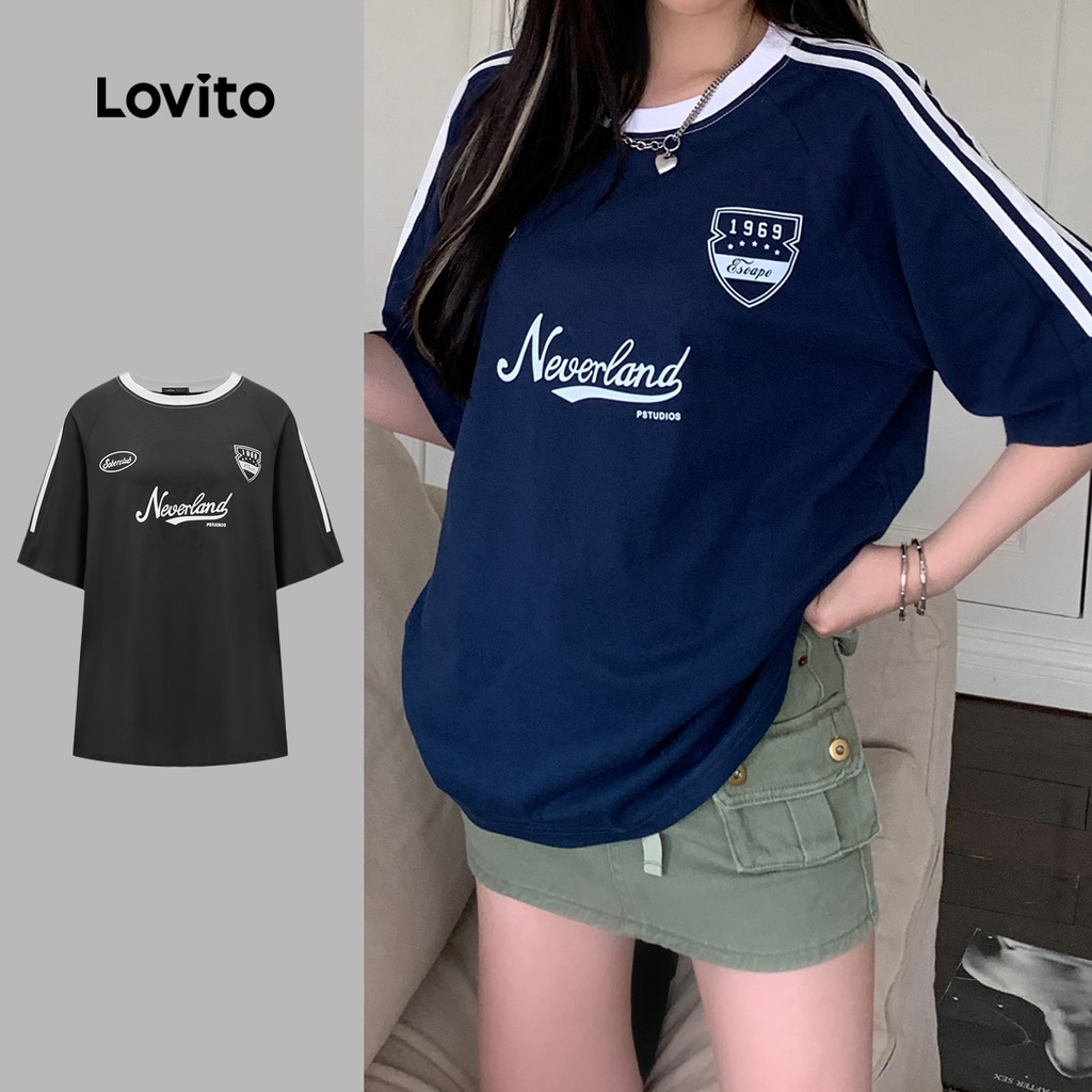 (Hot) Lovito Camiseta Casual Com Letras Contrastantes E Encadernação De Verão Para Mulheres LNE29081 (Multicolorido) (Hot) Lovito Camiseta Casual Com Letras Contrastantes E Encadernação De Verão Para Mulheres LNE29081 (Multicolorido)