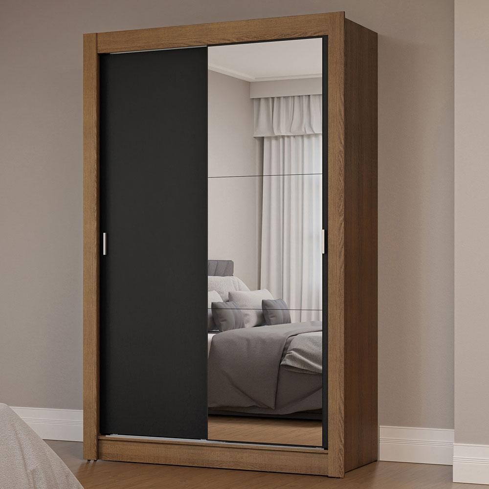Guarda-Roupa Solteiro 2 Portas de Correr com Espelho Rustic/Preto Milano Madesa Guarda-Roupa Solteiro 2 Portas de Correr com Espelho Rustic/Preto Milano Madesa