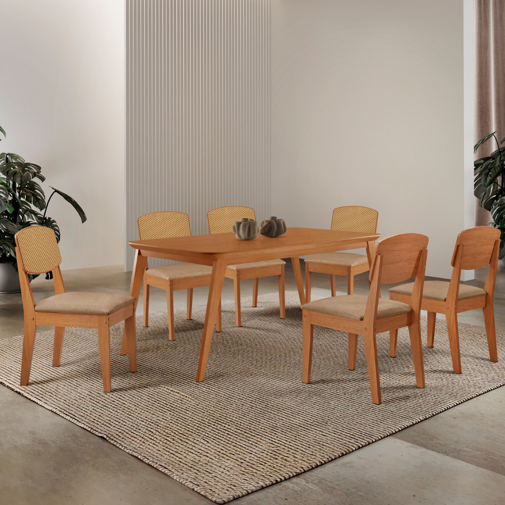 Mesa de Jantar Copper 180cm Tampo Canto Copo MDF Laminado com 6 Cadeiras Copper Premium Moderna Mobília Mesa de Jantar Copper 180cm Tampo Canto Copo MDF Laminado com 6 Cadeiras Copper Premium Moderna Mobília