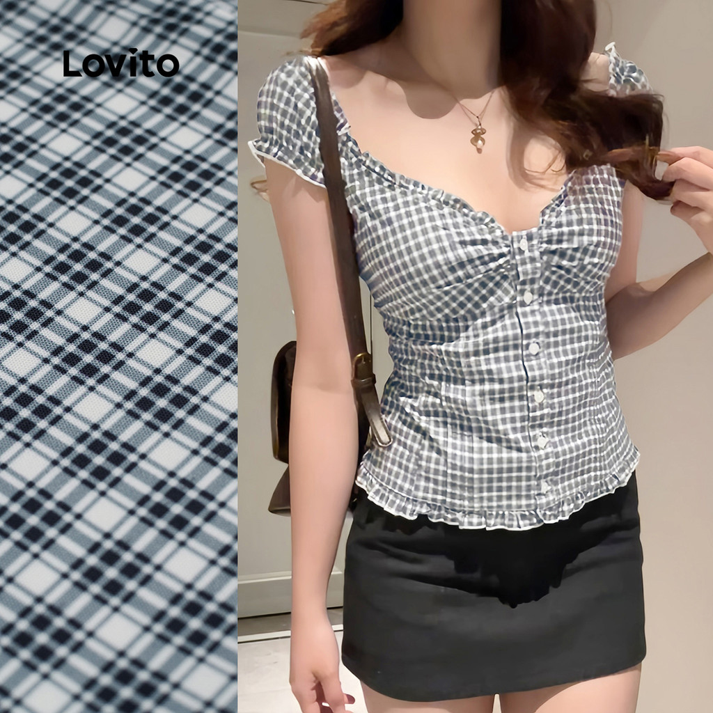 (New) Lovito Blusa Fofa com Acabamento em Alface Botões Primavera/verão Blusa Preta e Branca para mulheres L144AD159 (New) Lovito Blusa Fofa com Acabamento em Alface Botões Primavera/verão Blusa Preta e Branca para mulheres L144AD159