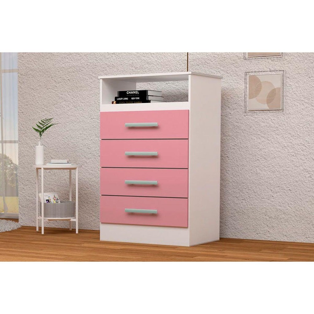 Cômoda de Quarto Jéssica c/ 1 Nicho e 4 Gavetas Branco/Rosa/Azul – ACP Cômoda de Quarto Jéssica c/ 1 Nicho e 4 Gavetas Branco/Rosa/Azul – ACP
