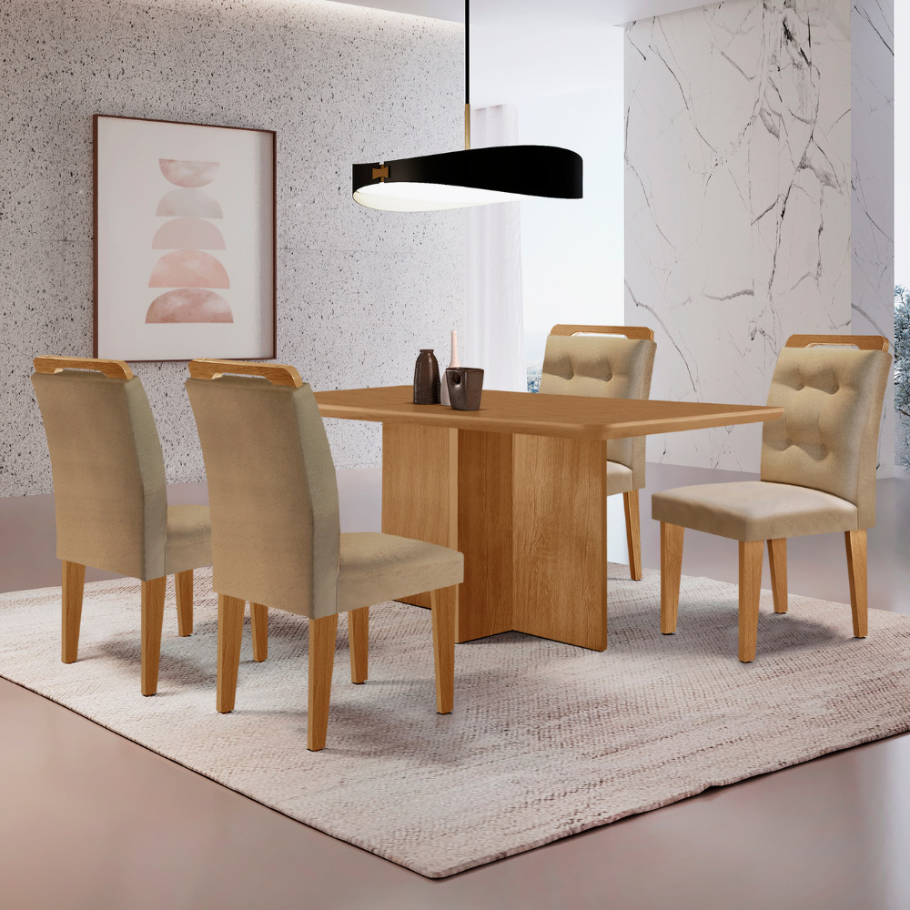Mesa de Jantar Olímpia 120cm MDF Canto copo e com 4 Cadeiras Carol Mesa de Jantar Olímpia 120cm MDF Canto copo e com 4 Cadeiras Carol