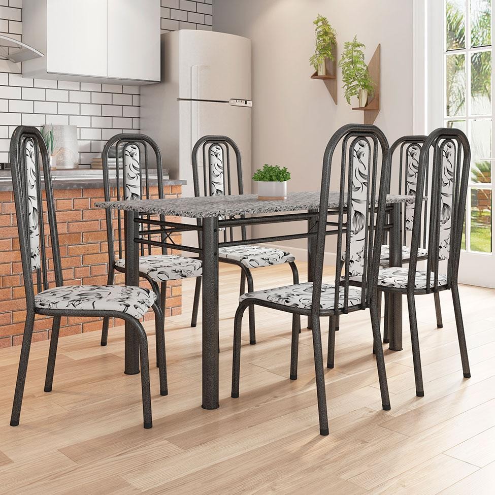 Conjunto de Mesa com 6 Cadeiras Granada Preto e Branco Floral GR Conjunto de Mesa com 6 Cadeiras Granada Preto e Branco Floral GR