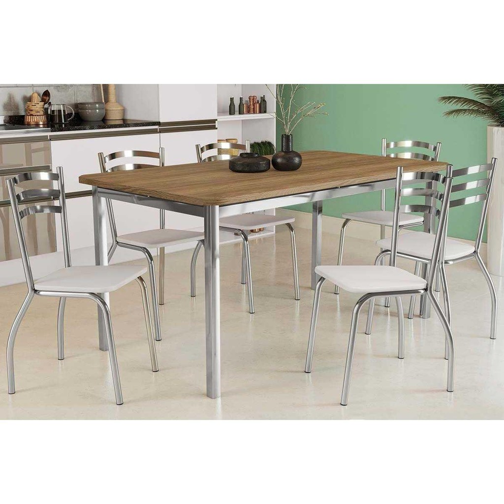 Mesa de Sala Jantar Reno c/ Tampo Madeira 160cm + 6 Cadeiras Portugal Cromada – Assento Branco 106 – Kappesberg Mesa de Sala Jantar Reno c/ Tampo Madeira 160cm + 6 Cadeiras Portugal Cromada – Assento Branco 106 – Kappesberg