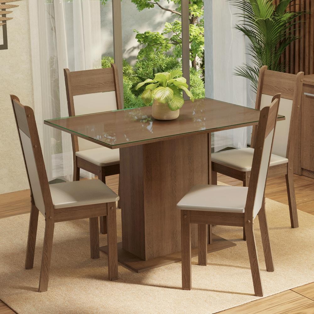 Conjunto Sala de Jantar Mesa Tampo de Vidro 4 Cadeiras Rustic/Crema/Bege Viena Madesa Conjunto Sala de Jantar Mesa Tampo de Vidro 4 Cadeiras Rustic/Crema/Bege Viena Madesa