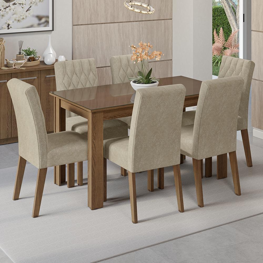 Conjunto Sala de Jantar Mesa Tampo de Vidro 6 Cadeiras Rustic/Imperial Odara Madesa Conjunto Sala de Jantar Mesa Tampo de Vidro 6 Cadeiras Rustic/Imperial Odara Madesa