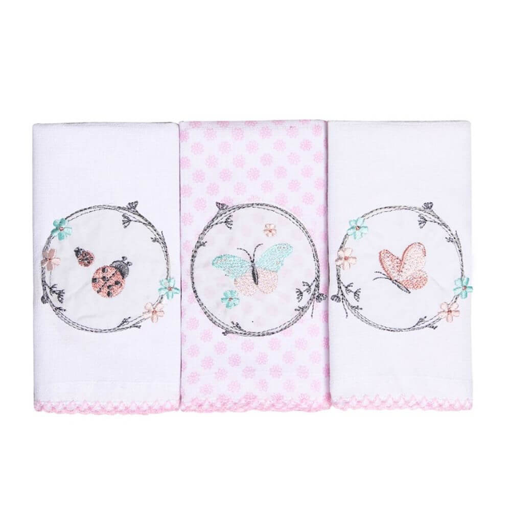 Kit Pano De Boca Papi Bordados Karinho Borboleta – 03 Peças Kit Pano De Boca Papi Bordados Karinho Borboleta – 03 Peças