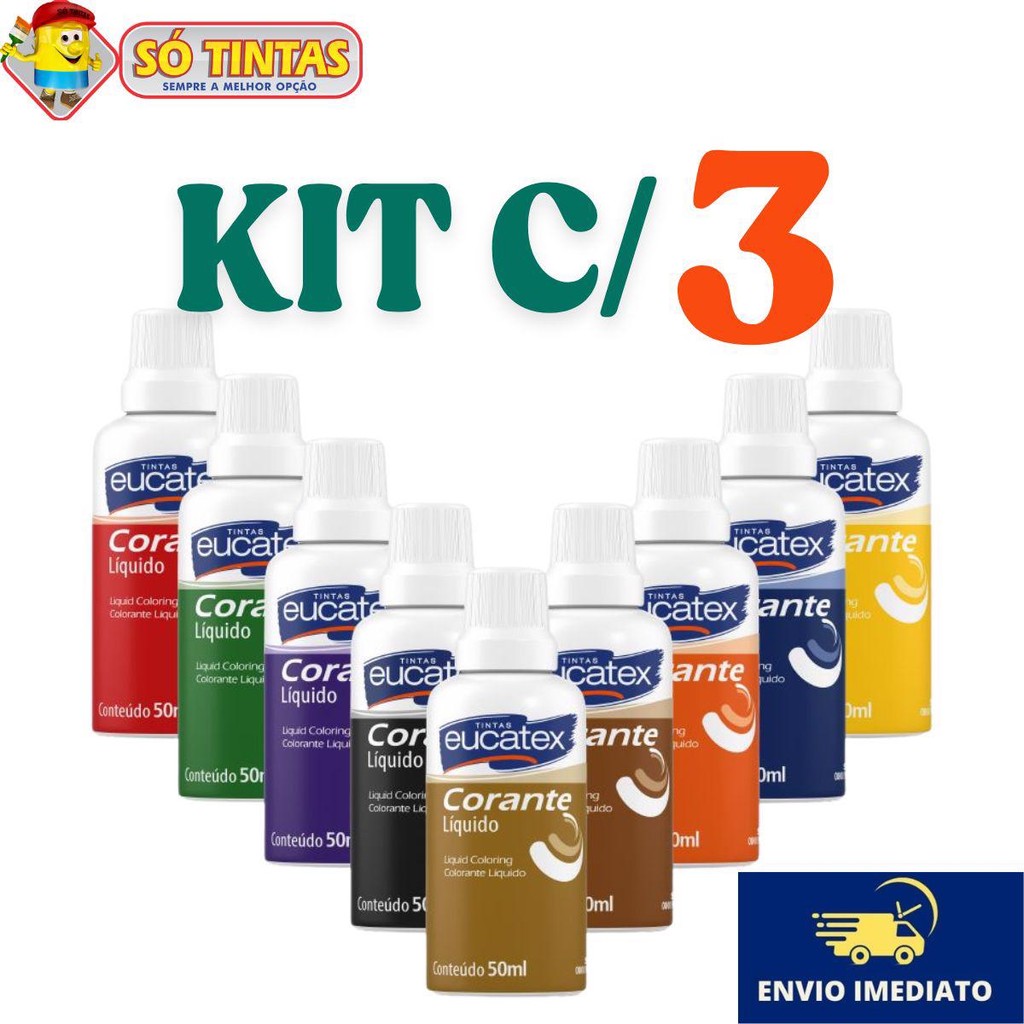 Kit com 3 Corantes Líquido Eucatex 50ml Cores Vibrantes Alto Rendimento Kit com 3 Corantes Líquido Eucatex 50ml Cores Vibrantes Alto Rendimento