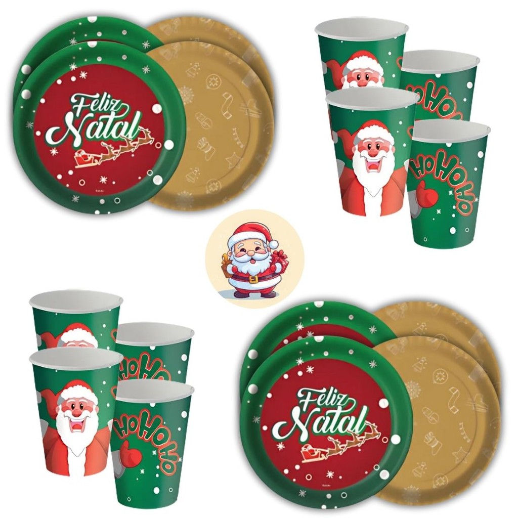 Kit Festa NATAL 16 Pratos + 16 Copos Descartável 200 Ml Papel – FESTCOLOR Kit Festa NATAL 16 Pratos + 16 Copos Descartável 200 Ml Papel – FESTCOLOR