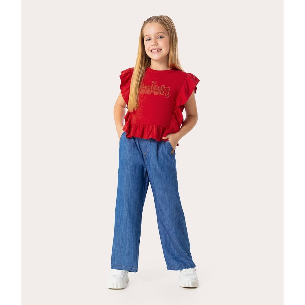 Conjunto Infantil Menina Blusa Babado e Calça Wide Leg Jeans Malwee Kids Conjunto Infantil Menina Blusa Babado e Calça Wide Leg Jeans Malwee Kids