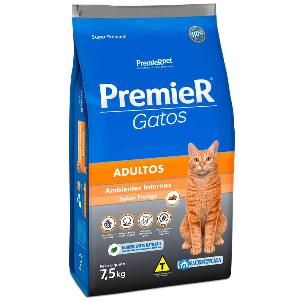 Ração Premier Gatos Adultos Ambientes Internos Frango 7,5kg Ração Premier Gatos Adultos Ambientes Internos Frango 7,5kg