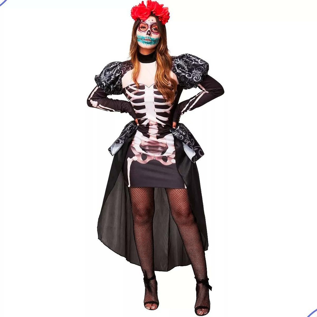 Fantasia Feminina de Halloween Rainha Caveira Mexicana Adulta Vestido de Luxo Esqueleto Com Cauda Fantasia Feminina de Halloween Rainha Caveira Mexicana Adulta Vestido de Luxo Esqueleto Com Cauda