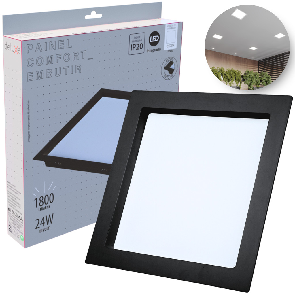 Painel Led Recuado 24w Quadrado 6500k Comfort Branco Frio 26cm 110V/220V Bivolt Preto Fosco Cód: 908241370 – Deluxe Painel Led Recuado 24w Quadrado 6500k Comfort Branco Frio 26cm 110V/220V Bivolt Preto Fosco Cód: 908241370 – Deluxe