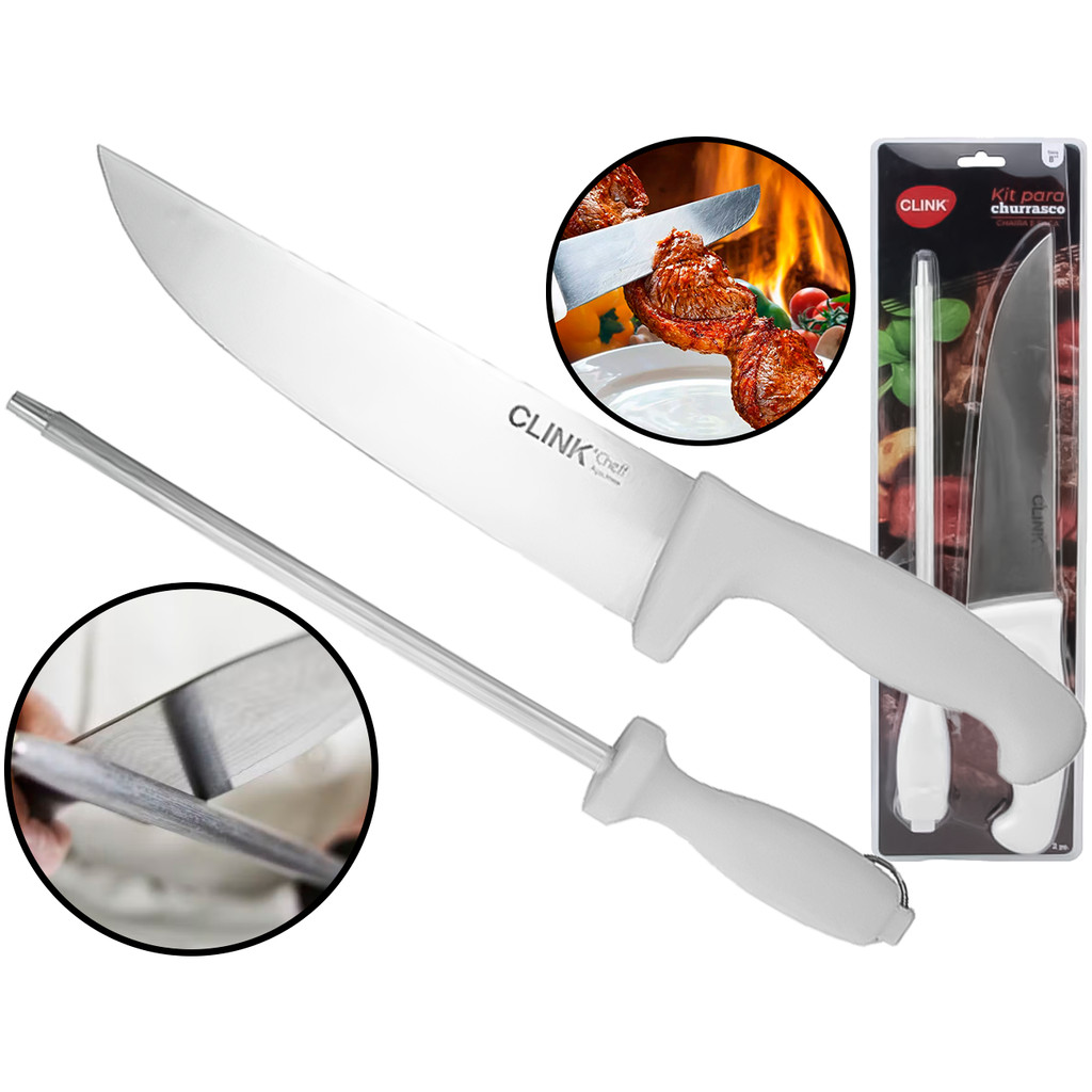 Conjunto Para Churrasco Cozinha Faca + Chaira Afiador Manual Aço Inox Corte De Legumes Carnes Frutas Clink Conjunto Para Churrasco Cozinha Faca + Chaira Afiador Manual Aço Inox Corte De Legumes Carnes Frutas Clink