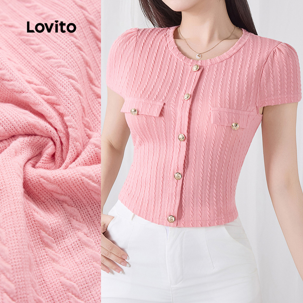 Lovito Camiseta Elegante Com Botões Lisos Para Mulheres L132ED246 Lovito Camiseta Elegante Com Botões Lisos Para Mulheres L132ED246