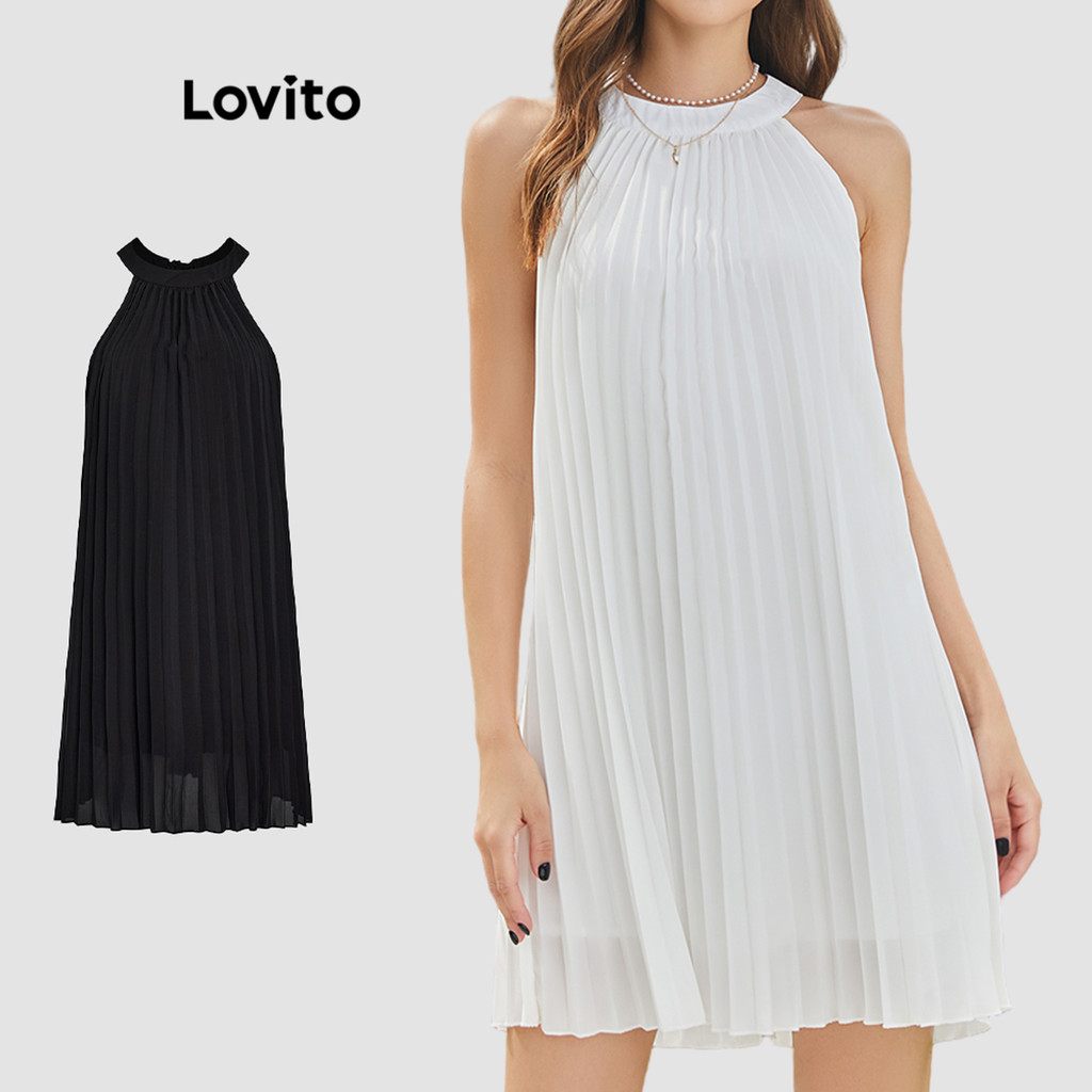 Lovito Vestido Casual Liso Plissado Com Decote Redondo Vestido Branco Para Mulheres L24AD025 (Branco) Lovito Vestido Casual Liso Plissado Com Decote Redondo Vestido Branco Para Mulheres L24AD025 (Branco)