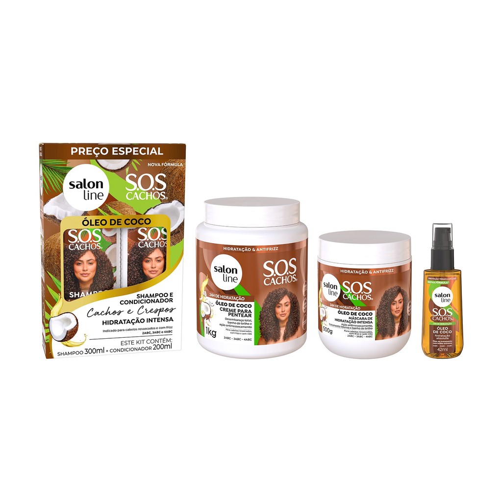 Kit SOS Cachos Coco com Shampoo e Condicionador, Máscara, Óleo e Creme para pentear Kit SOS Cachos Coco com Shampoo e Condicionador, Máscara, Óleo e Creme para pentear