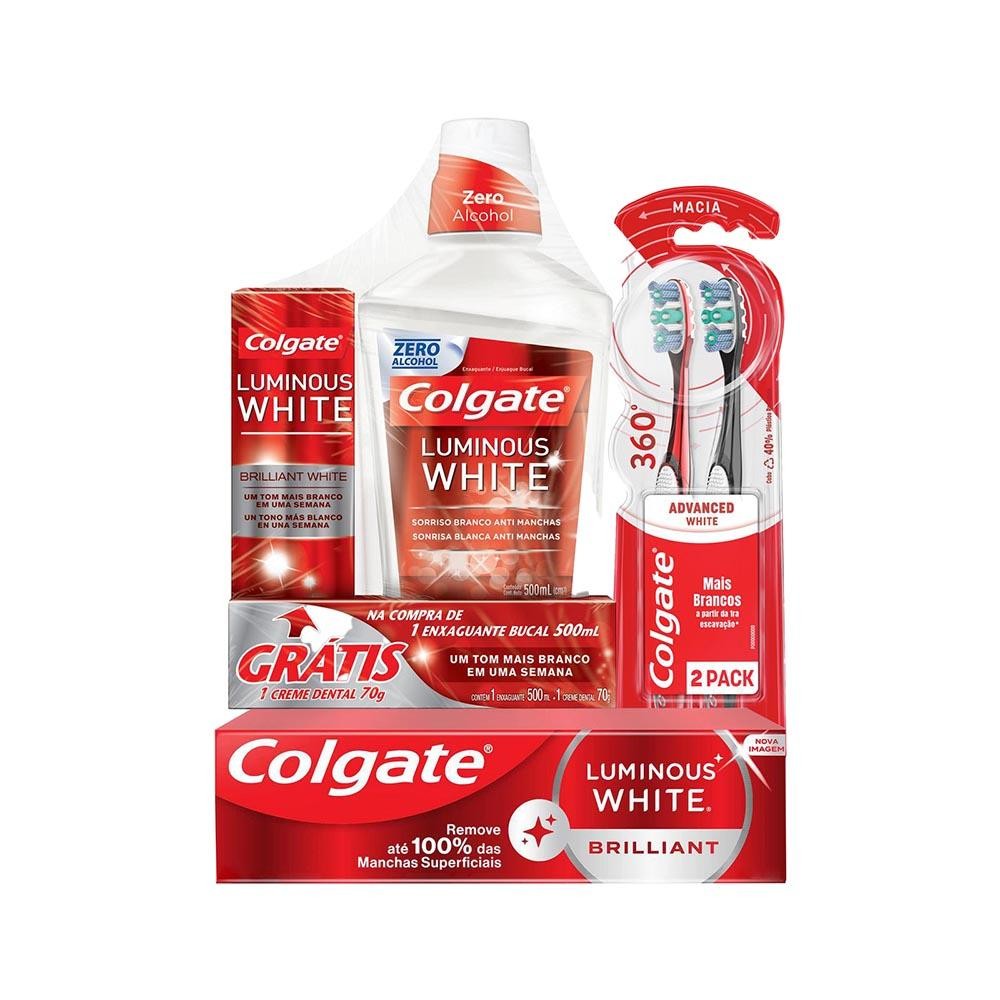 Kit Colgate Luminous White Creme dental 140g + Escova Advanced 2Un + Pack Enxaguante bucal e Creme Dental Kit Colgate Luminous White Creme dental 140g + Escova Advanced 2Un + Pack Enxaguante bucal e Creme Dental
