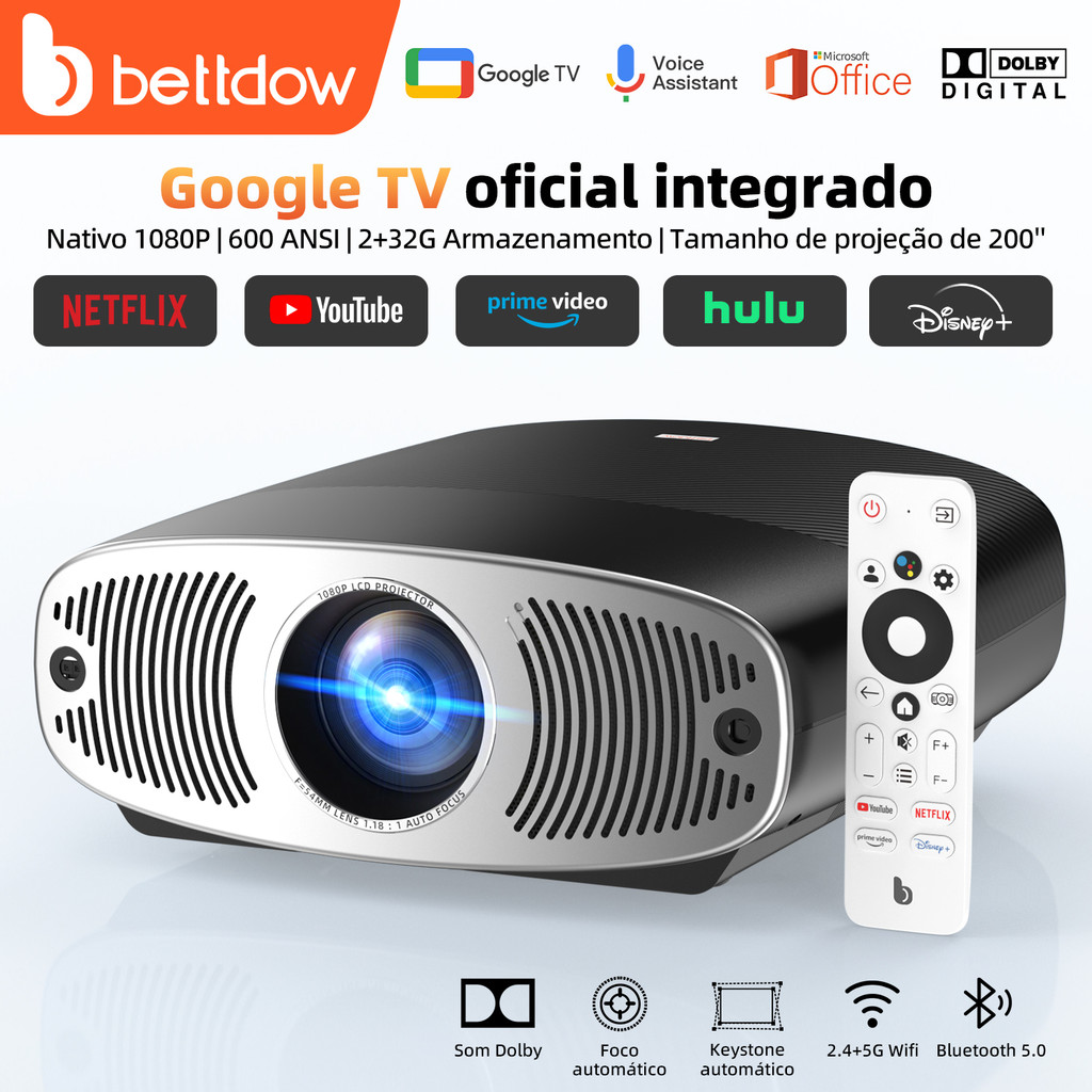 Projetor Bettdow 4K 25000 lúmens Full HD 1080p compatível com Android 9.0 (AOSP) + Google TV, Netflix original, 850 ANSI Projetor Bettdow 4K 25000 lúmens Full HD 1080p compatível com Android 9.0 (AOSP) + Google TV, Netflix original, 850 ANSI