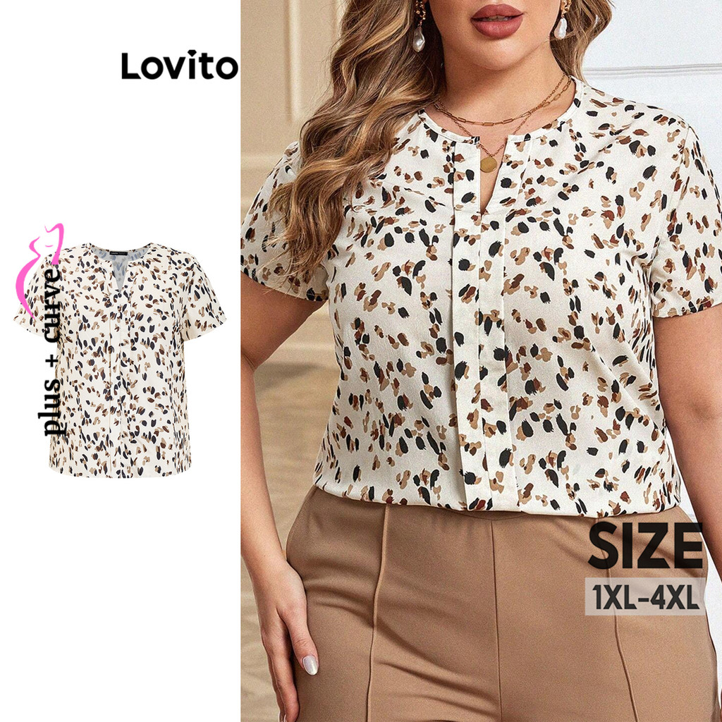 Lovito Blusa Curva Plus Size Casual Ditsy Floral Padrão Blusa Básica Para Mulheres LBL17292 Lovito Blusa Curva Plus Size Casual Ditsy Floral Padrão Blusa Básica Para Mulheres LBL17292
