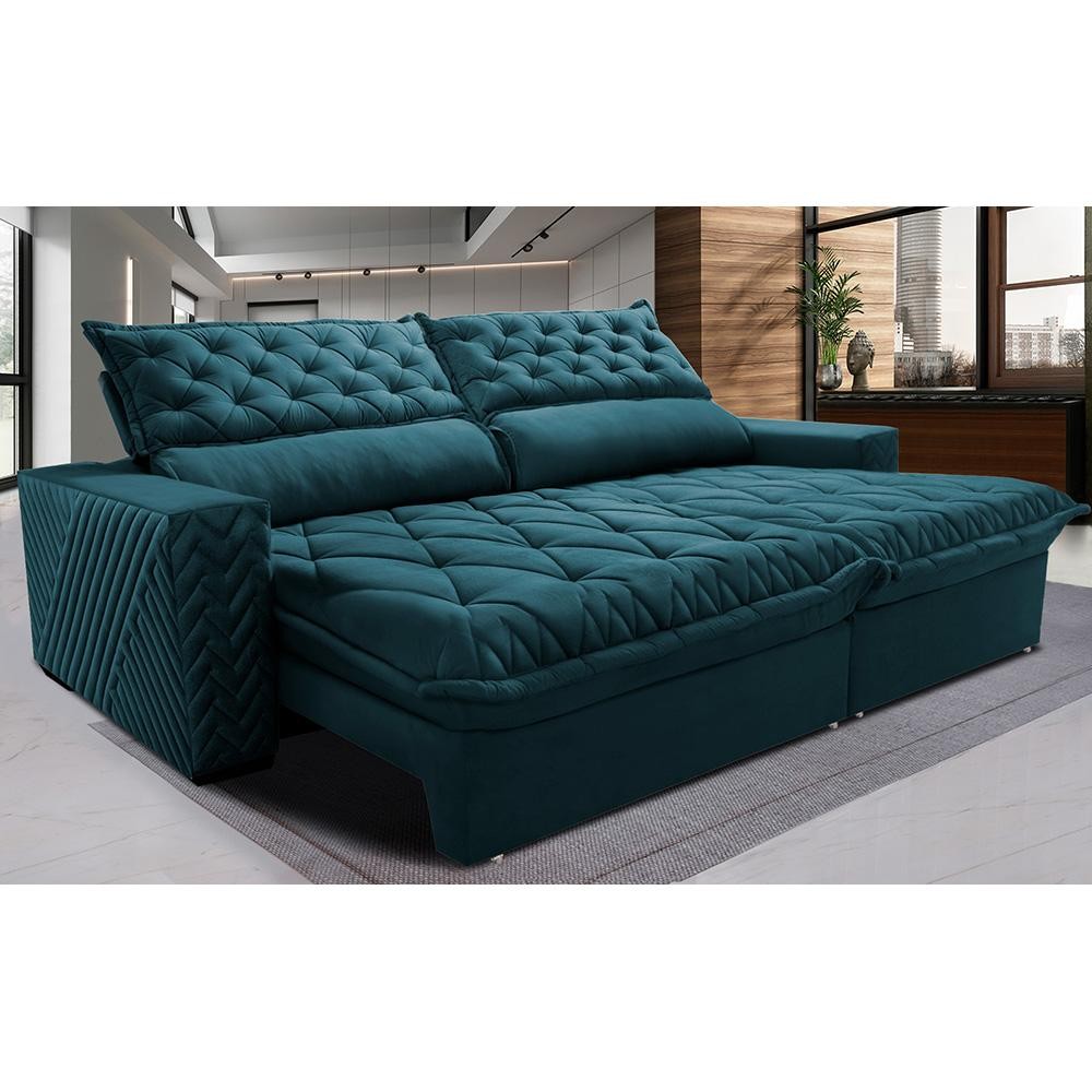 Sofá Retrátil e Reclinável 3,15m Molas Ensacadas Cama inBox Spazus com Bordado 3D Velusoft Petróleo Sofá Retrátil e Reclinável 3,15m Molas Ensacadas Cama inBox Spazus com Bordado 3D Velusoft Petróleo