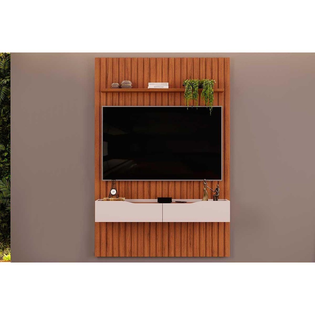 Rack Bancada c/ Painel p/ TV até 55 Pol Pratic Ripado 2 Gavetas 143x240cm Freijó/Off White – DJ Móveis
