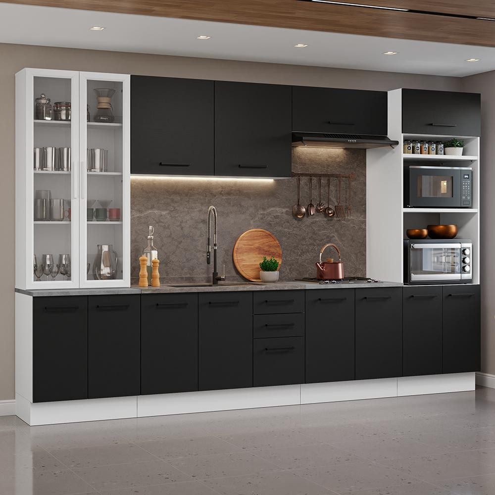 Armário de Cozinha Completa 340cm Branco/Preto Agata Madesa 01 Armário de Cozinha Completa 340cm Branco/Preto Agata Madesa 01