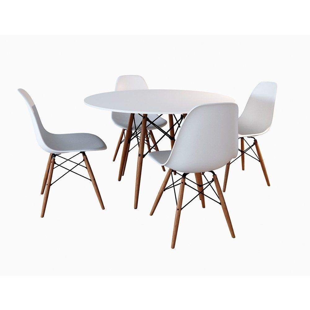 Conjunto de Mesa de Jantar Eames Eiffel Redonda 90cm Tampo de Madeira Branco com 4 Cadeiras Brancas Conjunto de Mesa de Jantar Eames Eiffel Redonda 90cm Tampo de Madeira Branco com 4 Cadeiras Brancas
