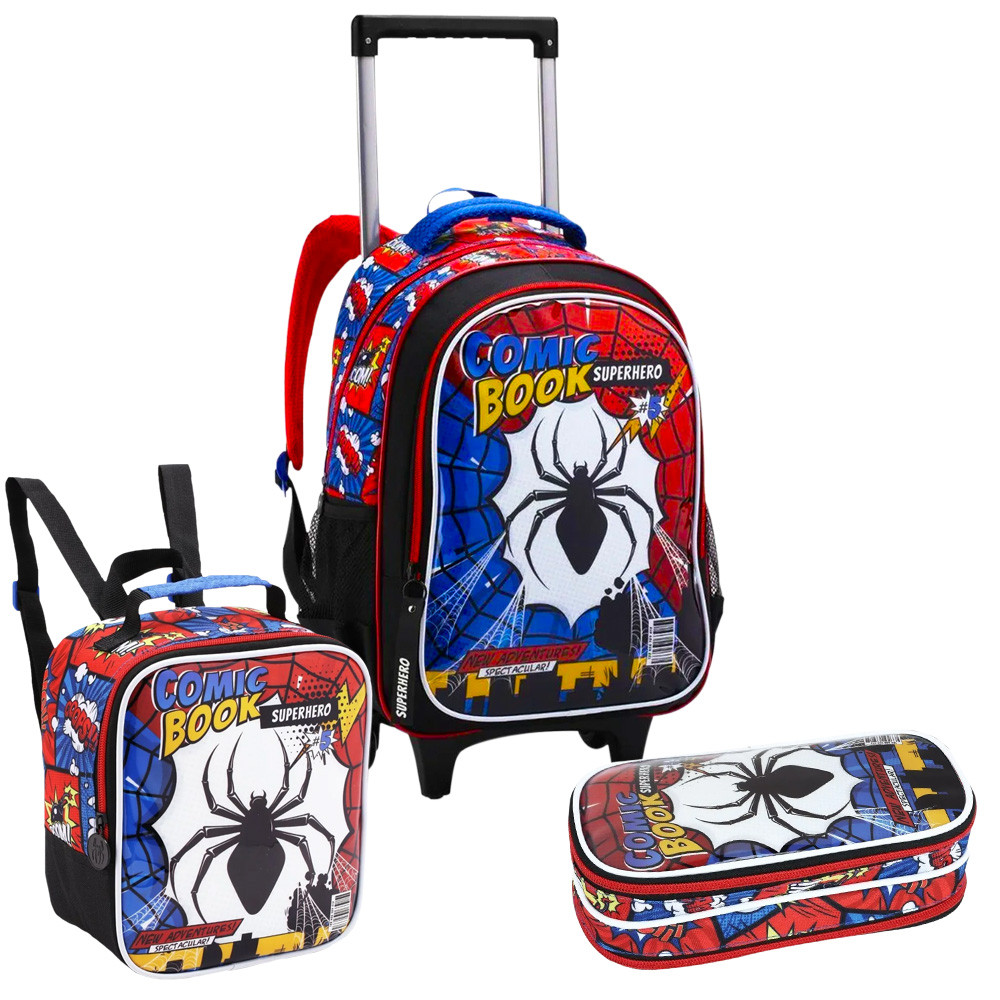 Kit Mochila de Rodinhas Lancheira Estojo Spider Comic Book Kit Mochila de Rodinhas Lancheira Estojo Spider Comic Book