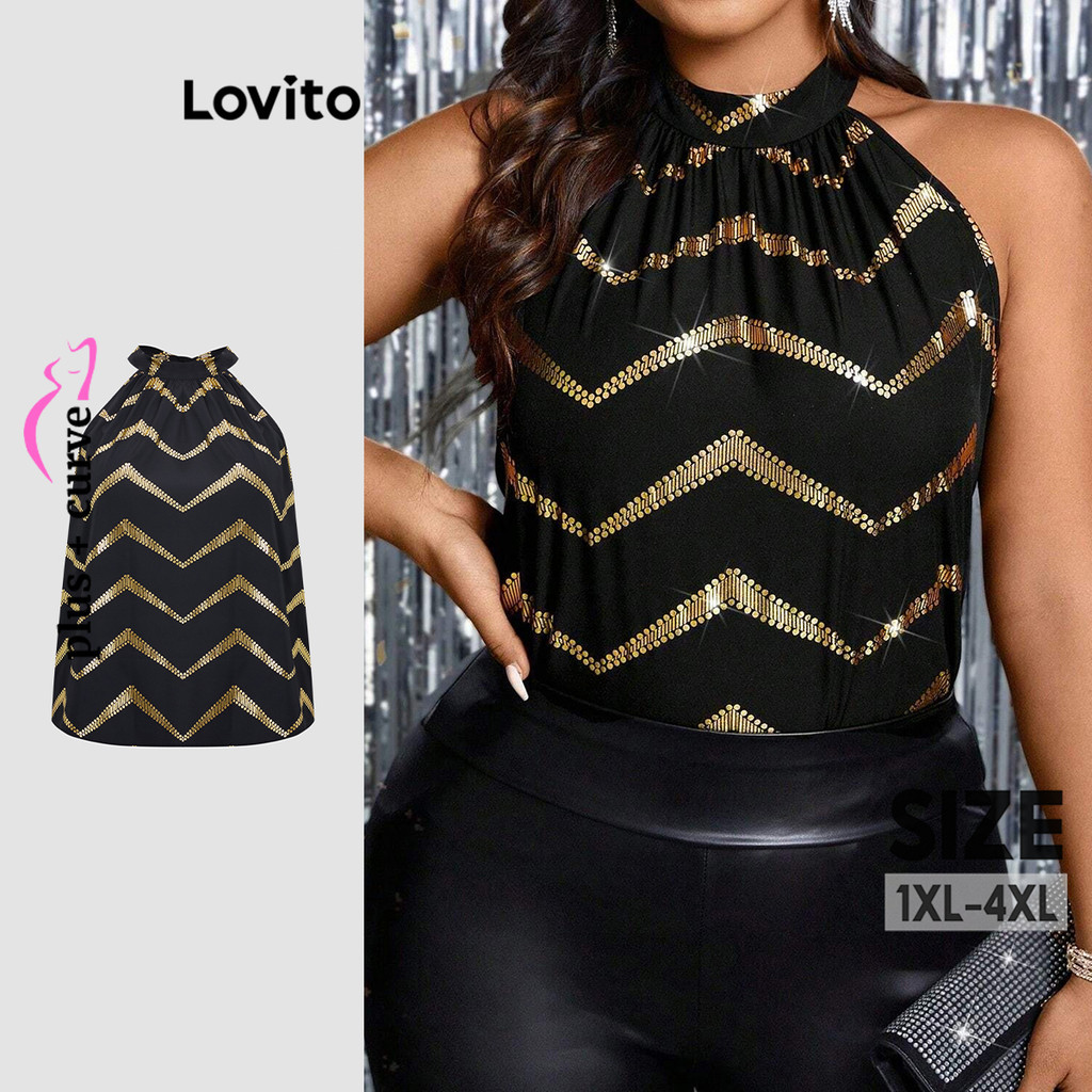 Lovito Blusa Curva Plus Size Elegante Blusa Listrada Com Babados Para Mulheres LBL19317 Lovito Blusa Curva Plus Size Elegante Blusa Listrada Com Babados Para Mulheres LBL19317