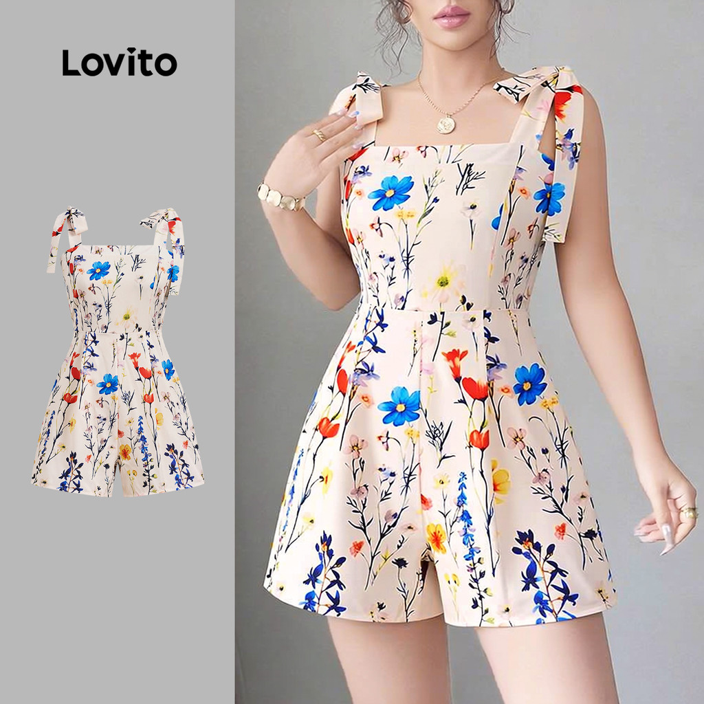 Lovito Macacão Casual Com Estampa Floral E Laço Primavera/verão Para Mulheres L172ED1123 Lovito Macacão Casual Com Estampa Floral E Laço Primavera/verão Para Mulheres L172ED1123