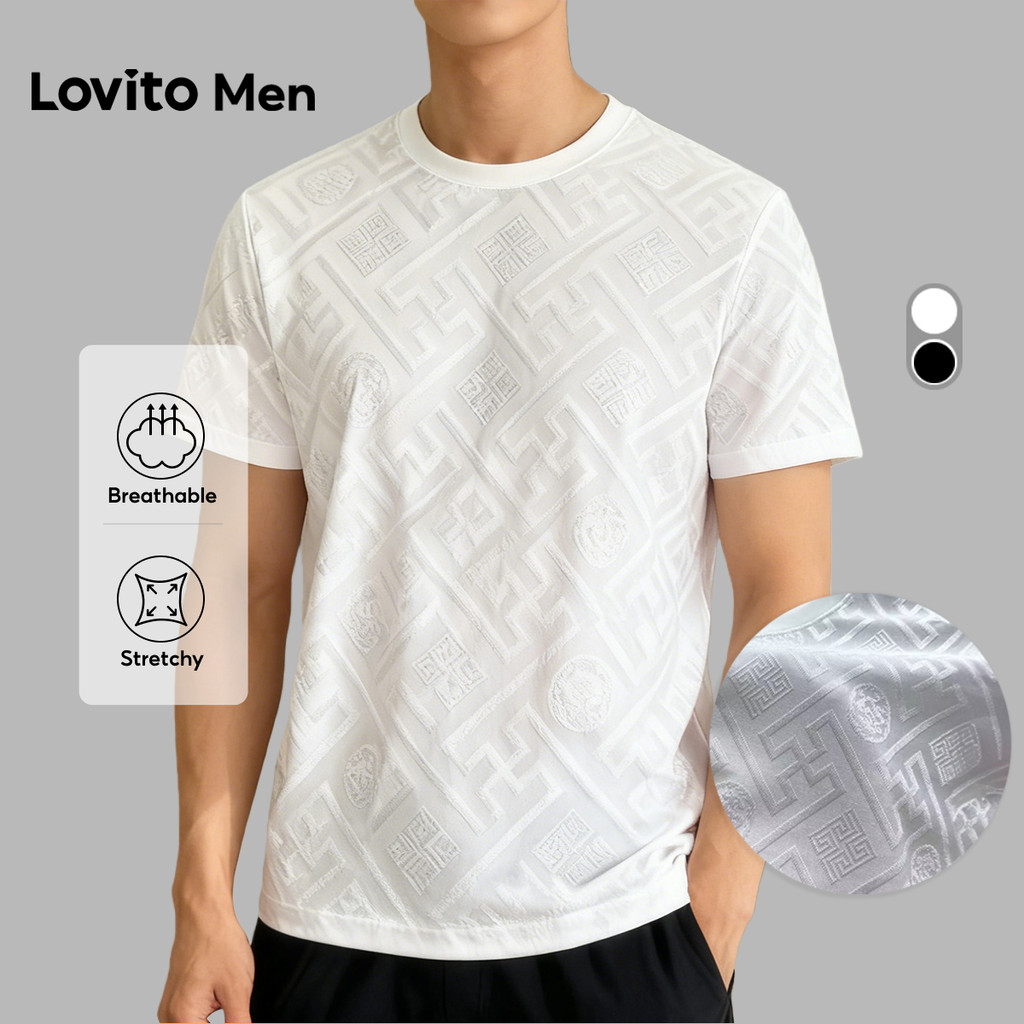 Lovito Men Camiseta Casual Jacquard Primavera/verão Branca para Homens LNE127155 Lovito Men Camiseta Casual Jacquard Primavera/verão Branca para Homens LNE127155