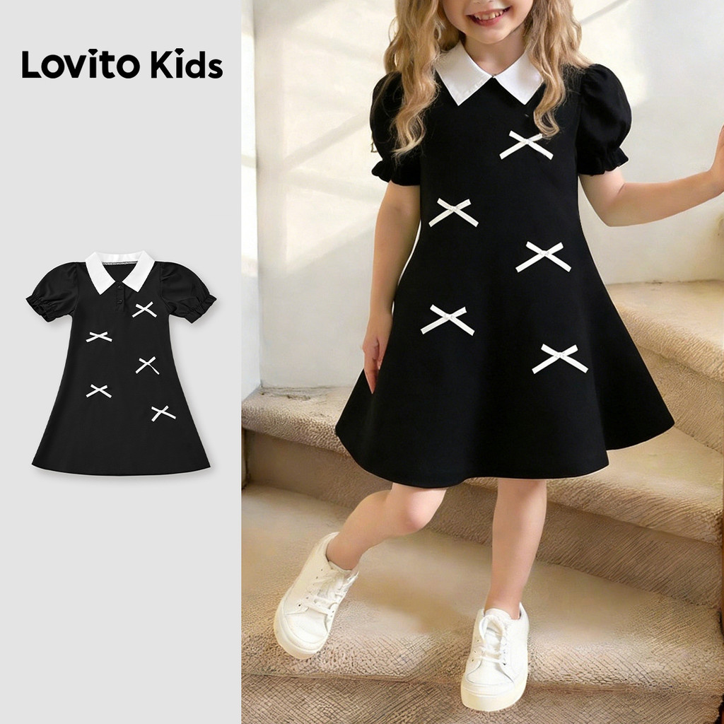 Lovito Kids Vestido Casual Colorblock Laço Primavera/verão Preto e Branco para menina. L174LD147 Lovito Kids Vestido Casual Colorblock Laço Primavera/verão Preto e Branco para menina. L174LD147