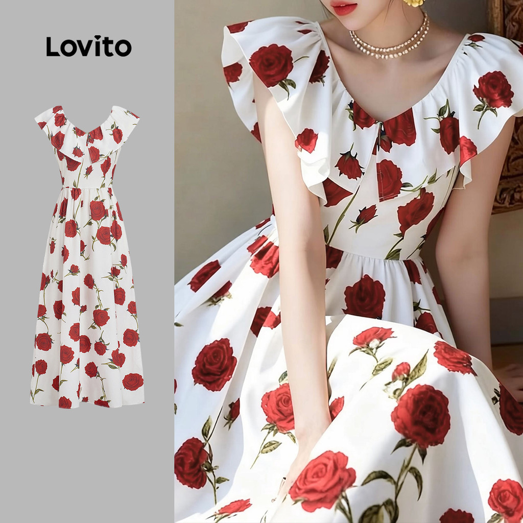 Lovito Vestido romântico flores estrutura linha babado vestido primavera/verão para mulheres LK3ED1539 Lovito Vestido romântico flores estrutura linha babado vestido primavera/verão para mulheres LK3ED1539
