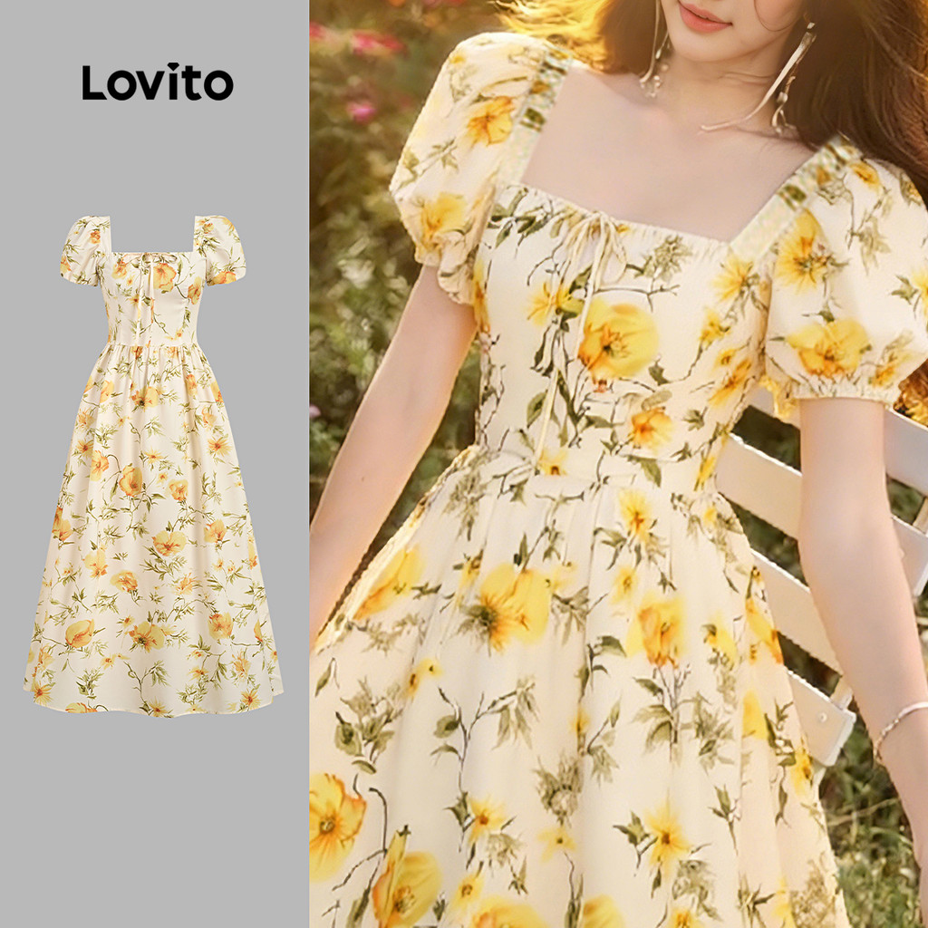 Lovito Vestido Casual flores estrutura linha rendas até vestido primavera/verão para mulheres LK3ED916 Lovito Vestido Casual flores estrutura linha rendas até vestido primavera/verão para mulheres LK3ED916