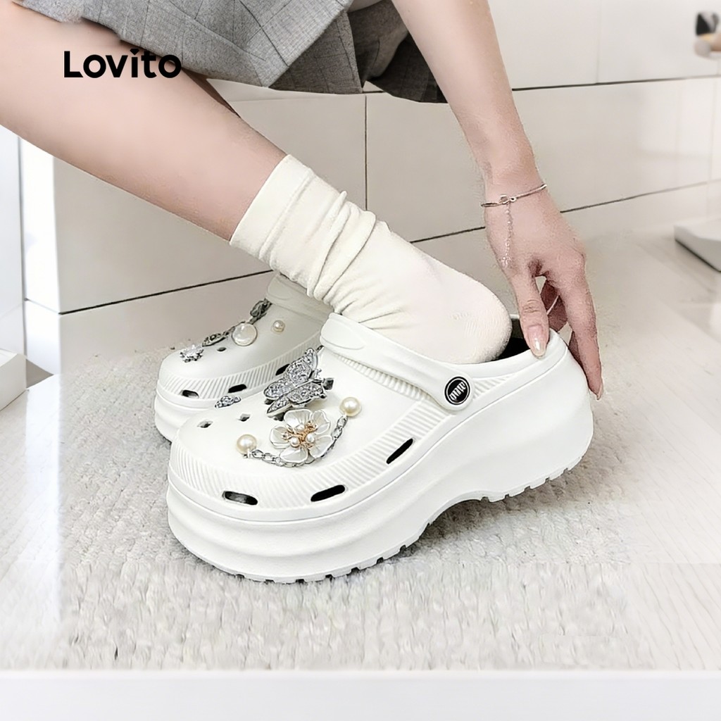 Lovito Sandálias Casuais Planas com Strass em Flash e Laço com Plataforma Branca para mulheres LFA112018 Lovito Sandálias Casuais Planas com Strass em Flash e Laço com Plataforma Branca para mulheres LFA112018