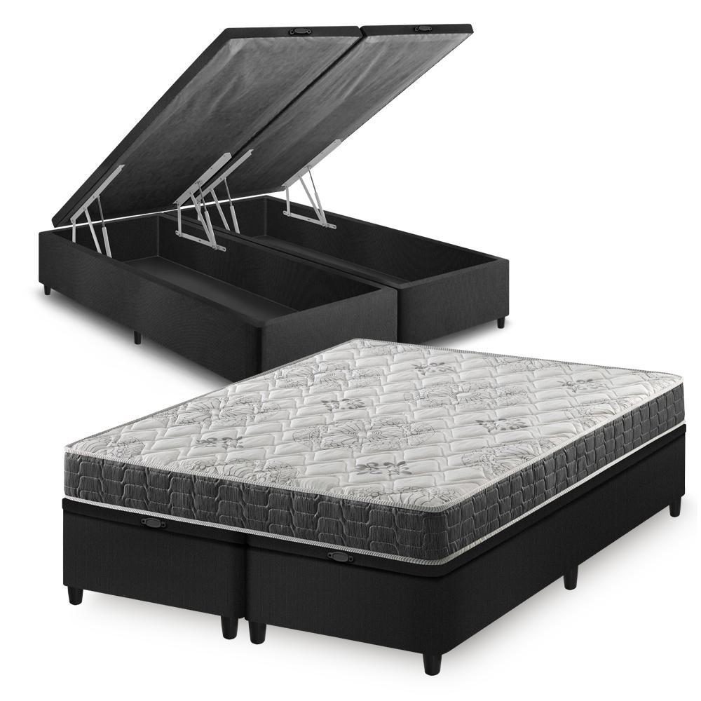 Cama Box Baú Queen Bipartido Preto + Colchão Espuma D33 Ortopédico Zidi San Francisco 158x198x59cm Cama Box Baú Queen Bipartido Preto + Colchão Espuma D33 Ortopédico Zidi San Francisco 158x198x59cm