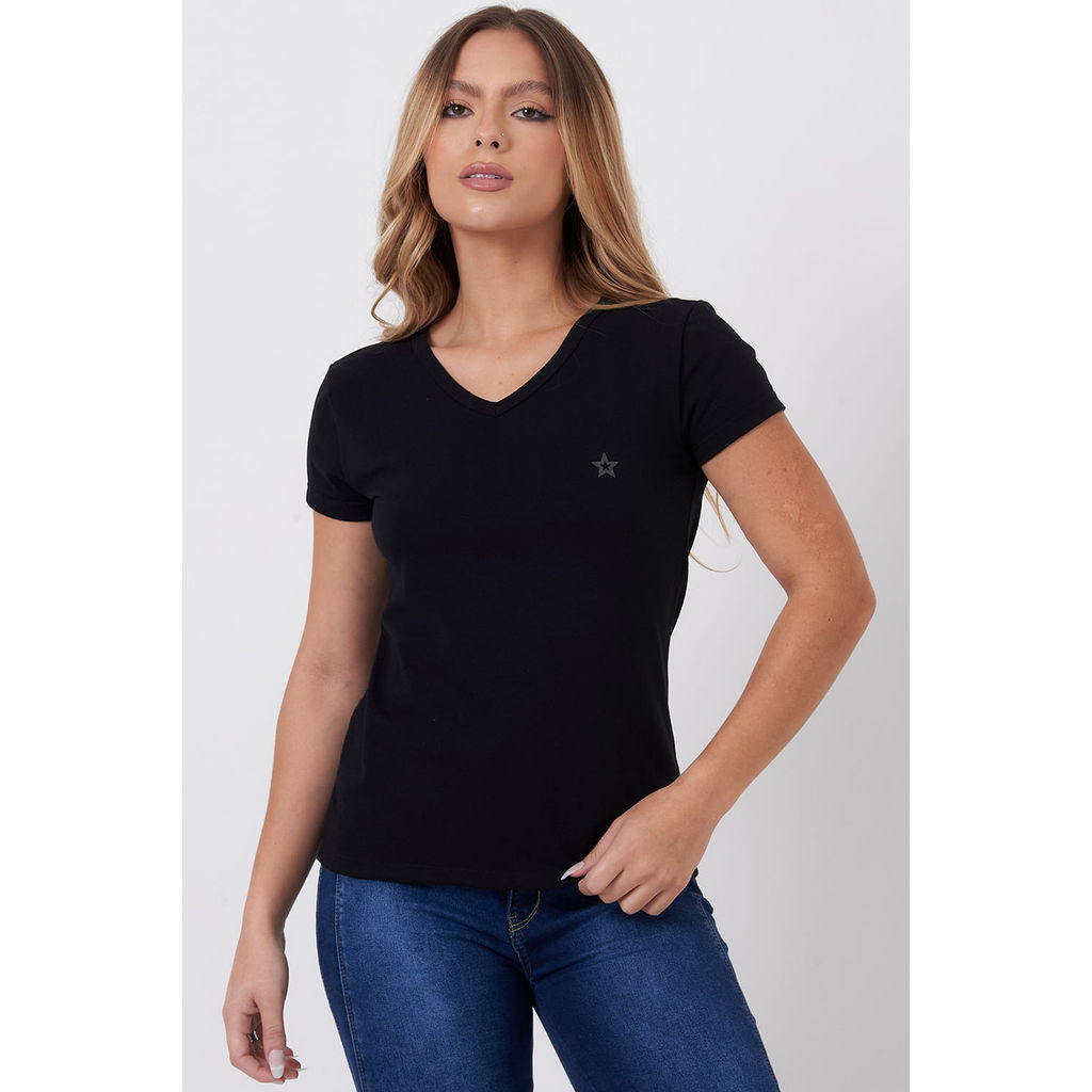 Blusa Feminina Decote v Planet Girls Preto Blusa Feminina Decote v Planet Girls Preto