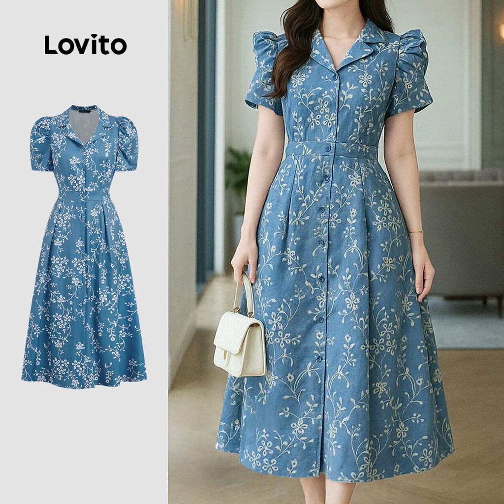 Lovito Vestido Casual plissado primavera/verão vestido azul para mulheres LK3ED144 Lovito Vestido Casual plissado primavera/verão vestido azul para mulheres LK3ED144