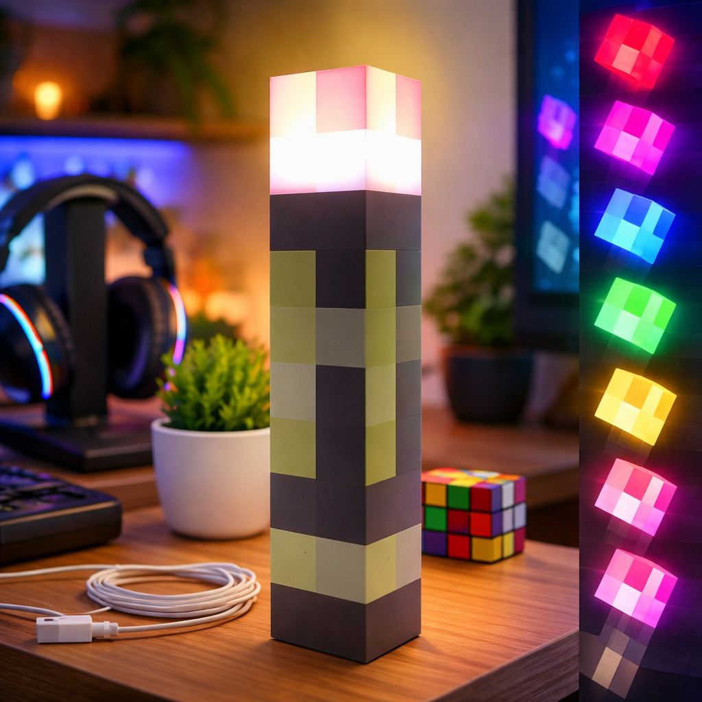 Luminária Tocha Minecraft LED 3 Níveis Recarregável Portátil USB Decoração Quarto Gamer Parede OIH-4763 Luminária Tocha Minecraft LED 3 Níveis Recarregável Portátil USB Decoração Quarto Gamer Parede OIH-4763