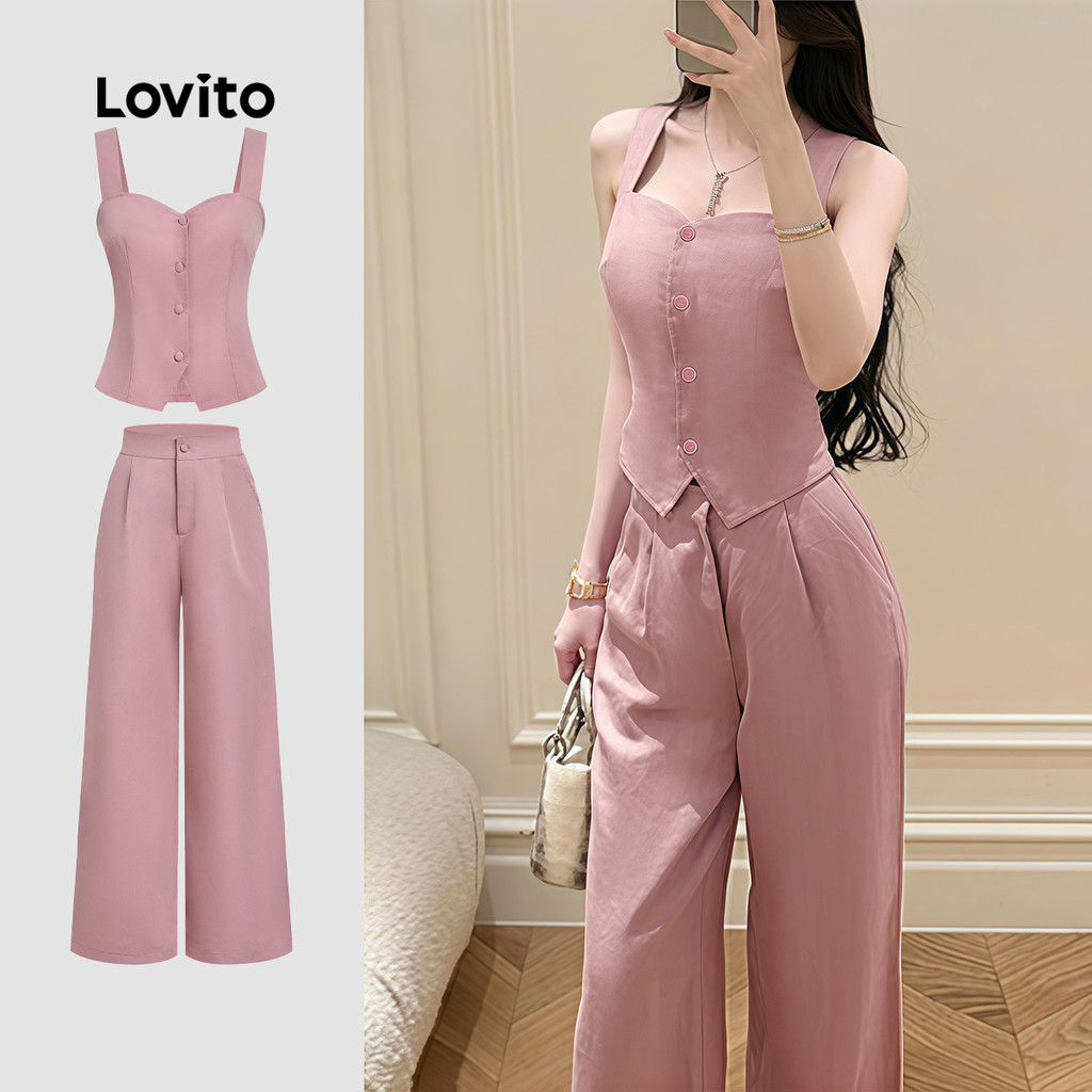 Lovito Elegantes Tops ou Calças para Primavera/verão Calças Rosa Cinza Tops ou Calças para Mulheres L184ED097 Lovito Elegantes Tops ou Calças para Primavera/verão Calças Rosa Cinza Tops ou Calças para Mulheres L184ED097