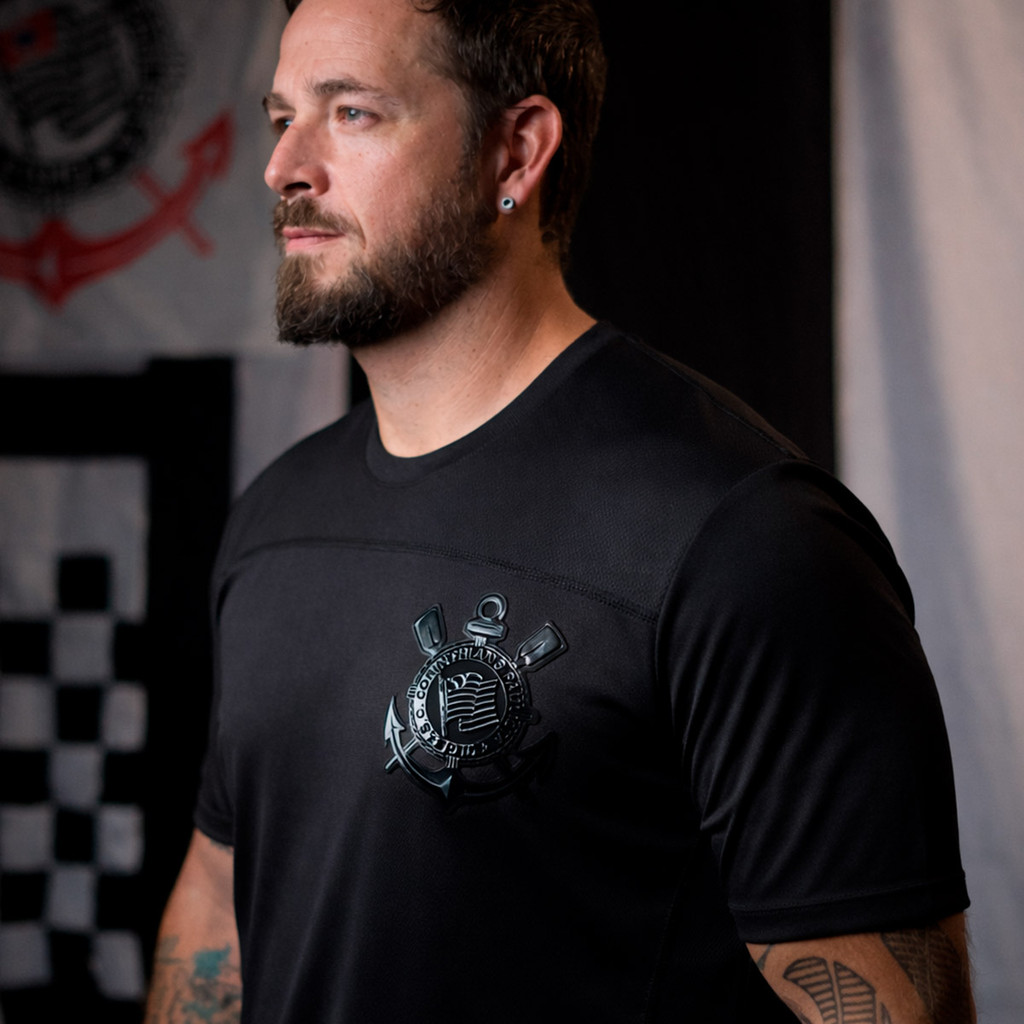 Camisa Corinthians Patch Gel Preto Masculina Oficial Camisa Corinthians Patch Gel Preto Masculina Oficial
