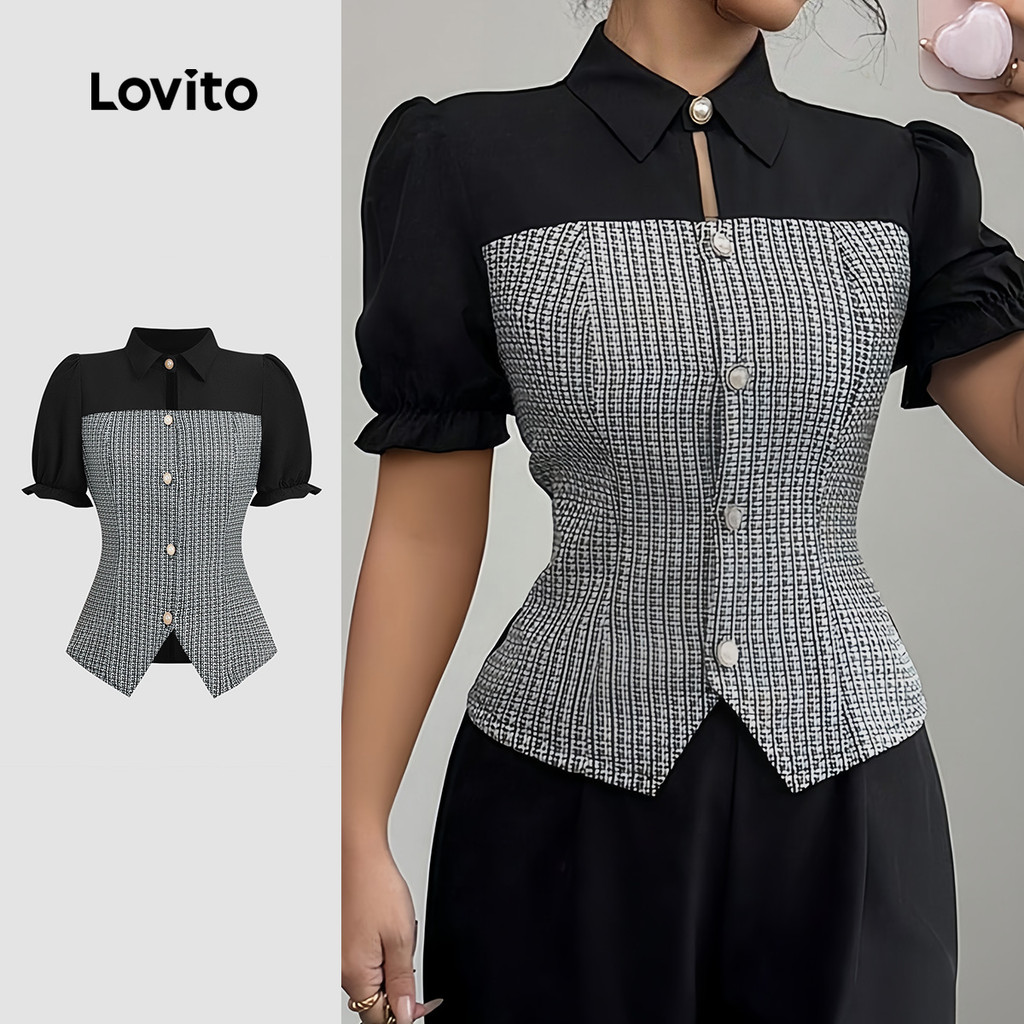 Lovito Blusa Elegante com Botões e Costura em Tecido Preta para Mulheres primavera/verão LBL35206 Lovito Blusa Elegante com Botões e Costura em Tecido Preta para Mulheres primavera/verão LBL35206