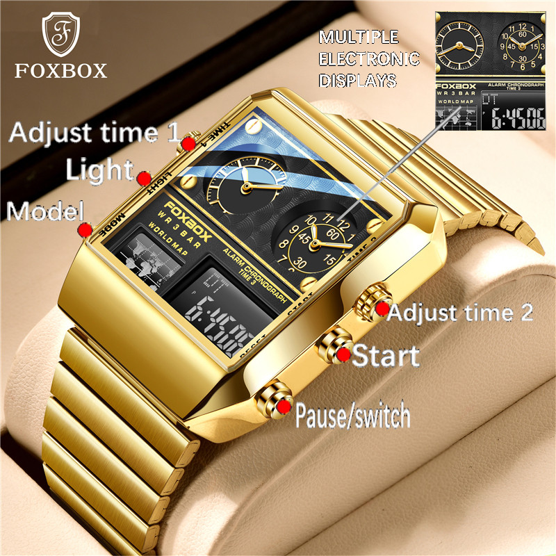 Foxbox Relógio digital masculino Marca Masculino Ouro Inoxidável Relógio À Prova D ‘Água Relógio Masculino Dual Display Foxbox Relógio digital masculino Marca Masculino Ouro Inoxidável Relógio À Prova D ‘Água Relógio Masculino Dual Display