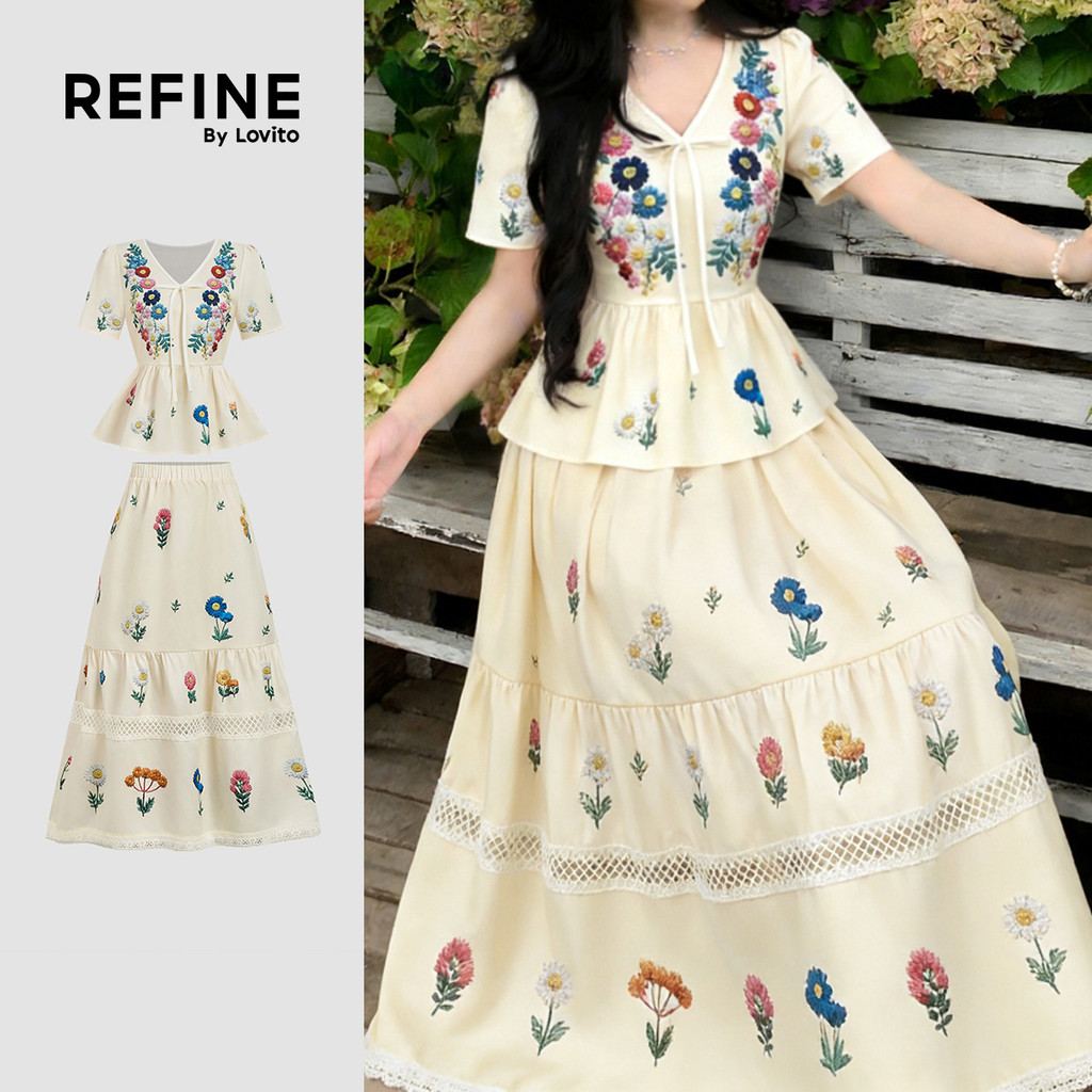 (Refine by Lovito) Tops ou Bottoms Boho com Renda Laço e Babados para Primavera/verão para Mulheres LR32L064 (Refine by Lovito) Tops ou Bottoms Boho com Renda Laço e Babados para Primavera/verão para Mulheres LR32L064