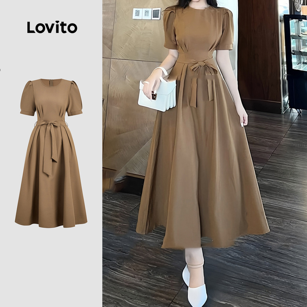 Lovito Vestido Elegante com Cinto Primavera/verão Khaki para Mulheres L164ED278 Lovito Vestido Elegante com Cinto Primavera/verão Khaki para Mulheres L164ED278