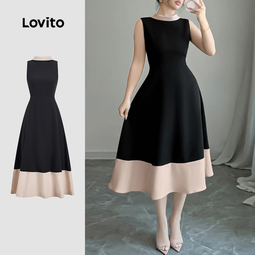 Lovito Vestido elegante Colorblock com zíper vestido preto para mulheres LK3AD1145 Lovito Vestido elegante Colorblock com zíper vestido preto para mulheres LK3AD1145