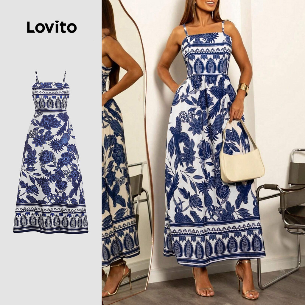 Lovito Vestido Boho Estrutura Linha Primavera/verão Vestido Azul para Mulheres LK3LD237 Lovito Vestido Boho Estrutura Linha Primavera/verão Vestido Azul para Mulheres LK3LD237