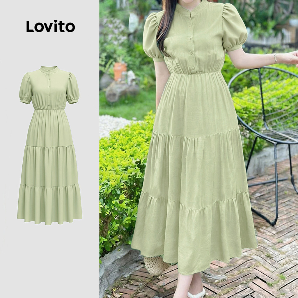 Lovito Vestido Verde Primavera/verão com Zíper Botão e Babado Na Barra LK4ED536